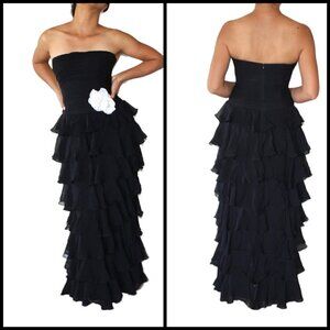 Vtg Kay Unger Black Strapless Ruffled Layer chiffon Dress Size 4 zip up Y2K Goth